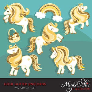 Gold Glitter Einhorn Clipart. Sommer Grafiken, Party Printables, digitalisierte Stickerei, Märchen Grafiken, Illustration