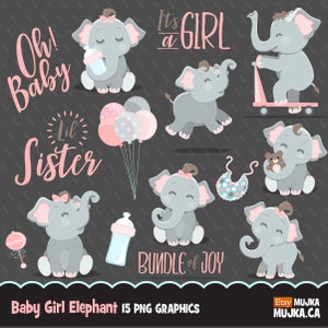 Niedlicher Elefant, Babyparty Clipart, Babyparty-Schriftzug, Junge, kleine Schwester, Illustration, Planer Aufkleber, Scrapbooking, Charakter