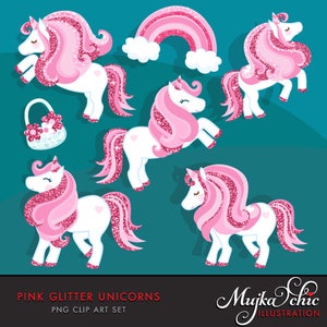 Pink Glitter Einhorn Clipart. Sommer Grafiken, Party Printables, digitalisierte Stickerei, Märchen Grafiken, Illustration