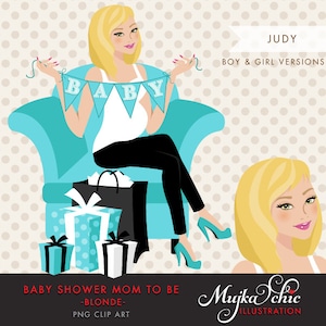Projekt postaci Blondynki w ciąży z pudełkami na prezenty i banerem BABY. Postać na Baby Shower.