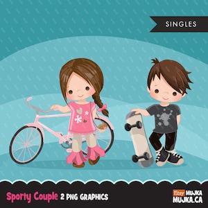 Sport paar Mädchen mit Fahrrad und Junge mit Skateboard, süße Figuren, Scrapbooking, Kartenherstellung, Stickerei,, Ostern