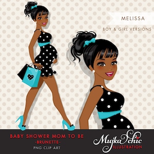 afro black Postać kobiety w ciąży idącej z torbami na prezenty Clipart. Baby Shower Party. Teal Blue, Hot Pink, Polka dots