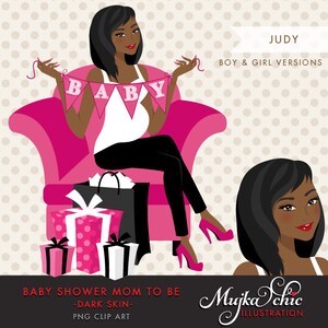 afro black Pregnant Woman Character Design z pudełkami na prezenty i banerem BABY. Postać Baby Shower.