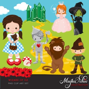 Wizard of Oz Clipart. Dorothy, Tin man, Scarecrow, Cowardly Lion, Glenda, Wicked witch, emerald city, poppy, yellow brick road graphics.
