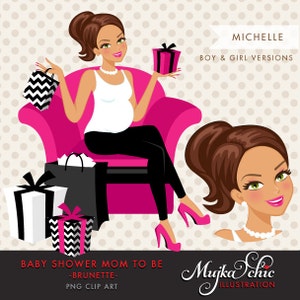 Conception de personnage de femme enceinte brune avec des boîtes-cadeaux Clipart. Personnage d'invitation à une fête prénatale. Bleu sarcelle, rose vif, chevron noir
