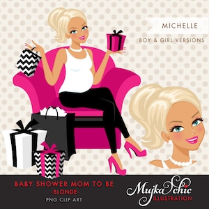Blondynka w ciąży postać projekt z pudełkami prezentowymi Clipart. Zaproszenie na przyjęcie baby shower postać. Gorący róż, czarny szewron