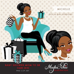 African Amerikan Avatar afro Kobieta w ciąży Postać Projekt z pudełkiem na prezent Clipart. Zaproszenie na przyjęcie Baby Shower Postać. Turkusowy, Różowy