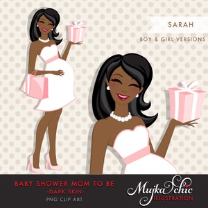 afro czarna ciężarna mama clipart na Baby Shower i zaproszenia na imprezę. Ciężarna kobieta stojąca z torbami na prezenty clipart.