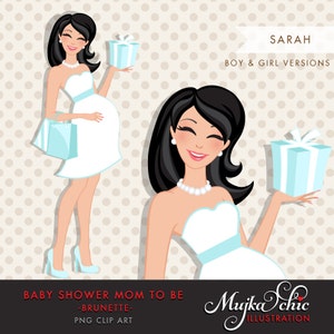 Brunetka ciężarna mama clipart na Baby Shower i zaproszenia na przyjęcie. Ciężarna kobieta stojąca z torbami na prezenty clipart. Pastelowy róż i turkus.