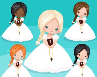 First Communion Clipart for Girls. Communion characters, graphics, bible, rosary, veil. First Communion Graphics, religious illustrations