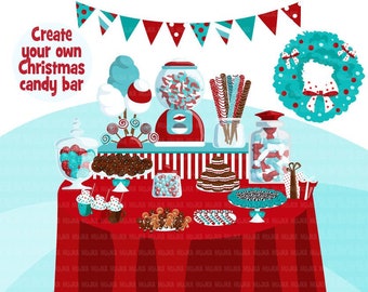 Christmas Candy Clipart. Buffet bar display, sweets, lollipop, candy cane, candyfloss, noel, pretzel, macaroons, candycorn, gumball graphic