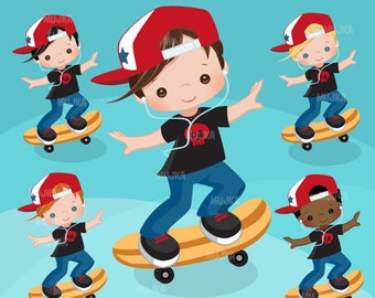 Clipart de niño patinando. Gráficos deportivos, verano, imprimibles para fiestas, bordados digitalizados, calcomanías de planificador, tablas de tareas, actividades al aire libre