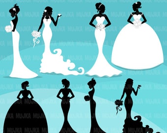 Wedding bridal clipart. Bride silhouette, fashion illustration, black, ceremony, sweet sixteen, prom dress,