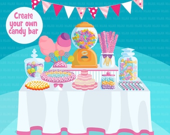 Candy Clipart. Candyland bar display, sweet, lollipop, candy cane, candyfloss, jelly, chocolate pretzel, macaron, candy corn, gumball buffet