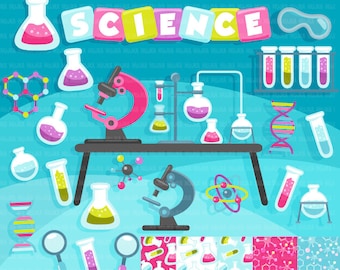 Science Clipart. Science lab school elements,scientist, test tube, test flasks, microscope, dna, atoms, digital papers,