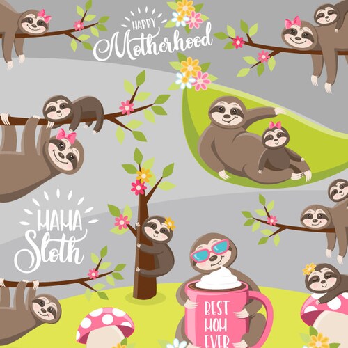 Sloth Clipart. Cute Baby &amp; Mom Sloth Graphics Mother's - Etsy