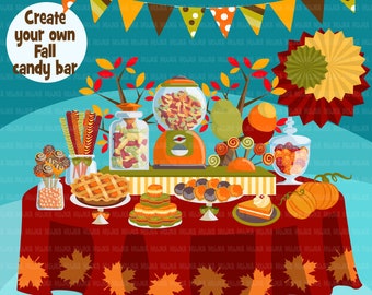Thanksgiving fall Candy Clipart. Baby shower Buffet bar display, sweets, lollipop, candyfloss, buffet, pretzel, apple pie, pumpkin pie, gum