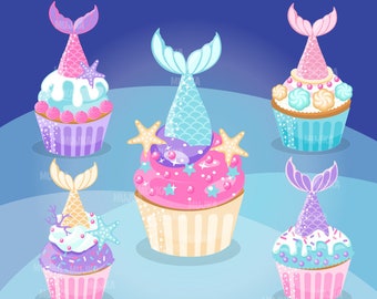 Mermaid cupcake clipart, mermaid tail, baking, cake graphics, card making,  , embroidery, starfish, undersea cupcake, scales