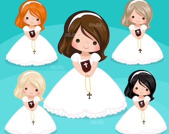 First Communion Clipart for Girls. Communion characters, graphics, bible, rosary, veil. First Communion Graphics, religious illustrations