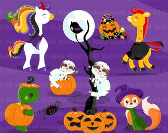 Halloween animals clipart. Halloween costumes. Turtle, unicorn, sloth, fox, spider in Halloween party,  , scrapbooking, card