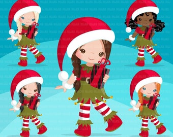 Christmas Elf Clipart. Cute noel illustration, elves holding a gift, Holiday cute characters, Santa's helpers,  , scrapbook