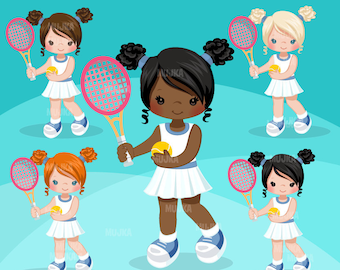 Tennis players clipart, chic characters, black, card making,  , activity, outdoor sports, school, racquetball