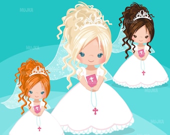 Pink First Communion Clipart for Girls. Holy Communion character, graphics, bible, rosary, veil. Communion Graphics, religious illustrations