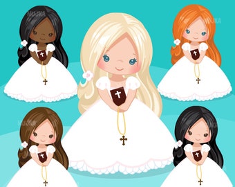 Clipart de Primera Comunión para Niñas. Personajes de comunión, gráficos, biblia, rosario, velo. Gráficos Primera Comunión, ilustraciones religiosas