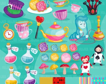 May include: A collection of whimsical Alice in Wonderland-themed graphics. Includes a Mad Hatter hat, cookies with "Eat Me" and "Have One" text, teacups, a teapot, potion bottles, mushrooms, and playing card characters. The image has the text "Alice in Wonderland - 2 36 PNG GRAPHICS".