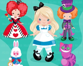 Alice in Wonderland Clipart,  Mad Hatter Tea Party Eat Me Drink Me White Rabbit , queen of hearts and smiling cat graphics, party favors