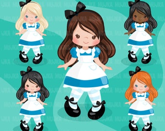May include: Five digital illustrations of Alice from Alice in Wonderland. Each illustration features Alice in a blue and white dress with a white apron, black shoes, and a black bow in her hair. The illustrations feature different hair colors: blonde, brown, black, and red.