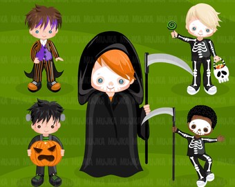 Halloween Trick or treat clipart. Skeleton, Frankenstein, Dracula, Reaper costumes. Halloween party, birthday,  , pumpkin,