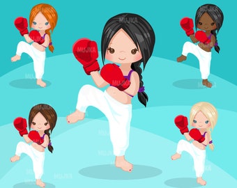 Kickboxing girl clipart, chic characters, black, card making,  , activity, boxing sports, school, student, medal