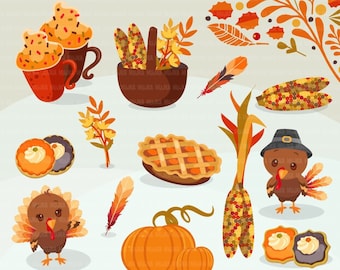 Thanksgiving Clipart. Gobble gobble Turkey, apple pie, pumpkin pie, harvest, corn, fall leaves, pumpkins, cookies, sweets and latte graphics