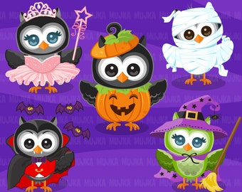 Halloween owls clipart. Cute owls in Halloween costumes. Halloween party,  , wizard, ballerina, pumpkin, mummy, vampire owls