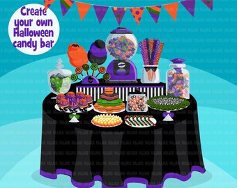 Halloween Candy Clipart. Buffet bar display, sweets, lollipop, candy cane, candyfloss, buffet, pretzel, macarons, candycorn, gumball graphic