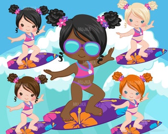 Surfer girls clipart, surfing characters, black, card making,  , cookie, summer sports, activity, swimming, waves
