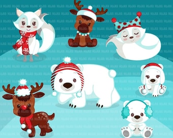 Christmas animals clipart. Cute winter animals, polar bear, cub, arctic fox, reindeer, moose Baby shower, noel