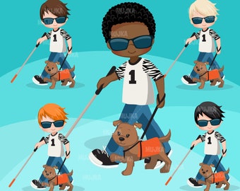 Special Needs Vision Impaired clipart, disability, blind characters, black, card making,  , disable, service dog