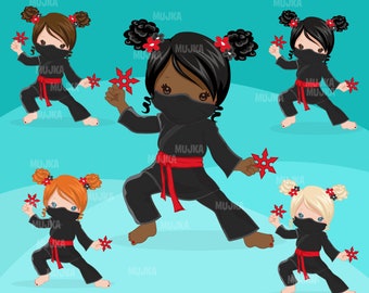 Ninja Clipart. Ninja girls, card making,  , embroidery, black characters, asian, martial arts, red belt, shuriken