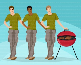 Male characters standing Clipart. Man, bbq party, birthday, casual prop, black,  , healthy living, boys