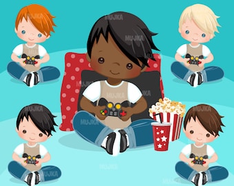 Puede incluir: Ocho ilustraciones digitales de niños jugando videojuegos. Los niños están sentados en el suelo con mandos en sus manos. Un niño está sentado en un cojín rojo y blanco. Hay un vaso rojo con una pajita y un cubo de palomitas de maíz en la imagen.