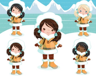 Arctic eskimo clipart. Cute winter background, Eskimo girls, arctic graphics, winter activity, arctic animals, illustration, planner sticker