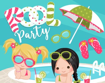 Clipart de fiesta en la piscina para niñas. Niñas con pancarta de fiesta en la piscina, chanclas, bebidas de frutas, gafas de sol, paraguas y cliparts de verano en la piscina