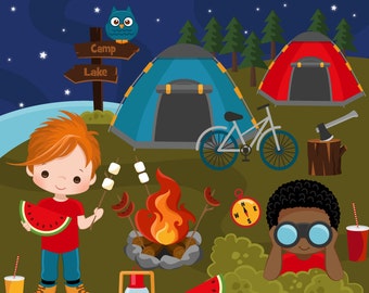 Camping Clipart for Boys. Campground, tents, camp fire, lantern, kids eating watermelon, campers, nature, outdoors, black