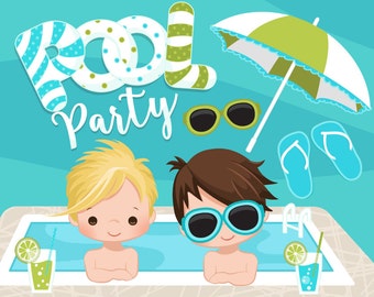 Clipart de fiesta en la piscina para niños. Niños pequeños con pancarta de fiesta en la piscina, chanclas, bebidas de frutas, gafas de sol, paraguas y cliparts de verano en la piscina