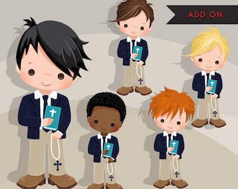 Complemento de imágenes prediseñadas de primera comunión para niños. Lindos personajes de Comunión, gráficos, ropa azul y caqui. Biblia, rosario, religioso, arte santo.