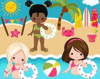 Beach Fun Clipart for Girls. Summer Cliparts, beach, swimming girl, surf board, sand bucket, bunting banner, palm tree, starfish, beach ball