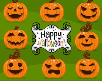 Halloween Pumpkins Clipart. Halloween Jack-o-lantern graphics, Happy Halloween Frame, Halloween wordart, Halloween Pumpkin Faces.