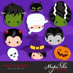 Halloween Faces Clipart. Halloween graphics, Frankenstein, bride of Frankenstein, mummy, pumkin, Dracula, black cat, witch, Devil, skull.